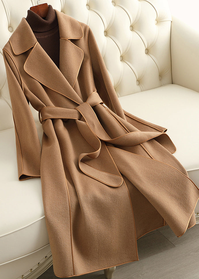 Cute Camel Notched Patchwork Tie Waist Woolen Long Coats Fall