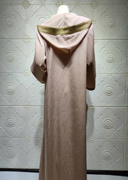 Cute Champagne Patchwork Velour Holiday Hooded Maxi Dress Long Sleeve