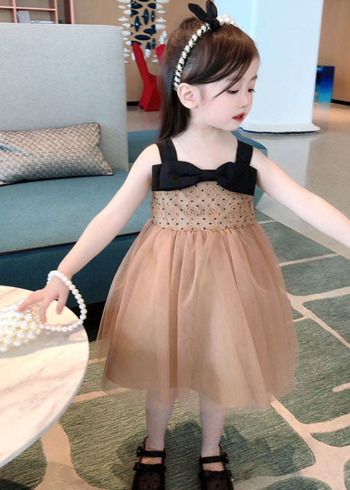 Cute Coffee Bow Wrinkled Patchwork Tulle Kids Girls Dresses Summer