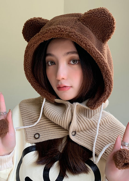 Cute Coffee Little Bear Knitted Warm Scarf Hat One Piece Faux Fur