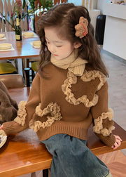 Cute Coffee O-Neck Tulle Patchwork Cotton Knit Girls Sweaters Winter