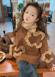 Cute Coffee O-Neck Tulle Patchwork Cotton Knit Girls Sweaters Winter