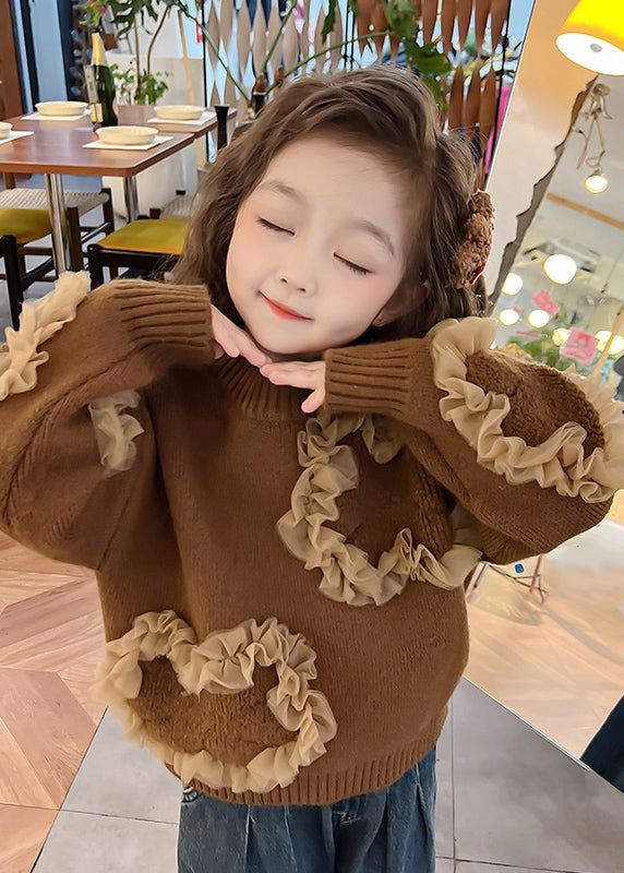 Cute Coffee O-Neck Tulle Patchwork Cotton Knit Girls Sweaters Winter