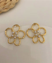 Cute Gold Copper Overgild Pearl Floral Hollow Out Stud Earrings