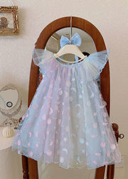 Cute Gradient Blue Sequins Wrinkled Patchwork Tulle Baby Girls Dress Summer