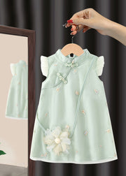 Cute Green Embroideried Button Girls Long Dresses Summer