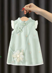 Cute Green Embroideried Button Girls Long Dresses Summer