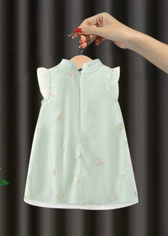 Cute Green Embroideried Button Girls Long Dresses Summer