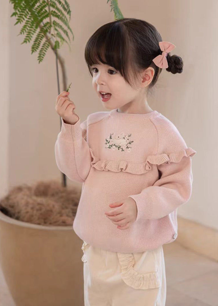 Cute Green Embroideried Ruffled Patchwork Cotton Knit Girls Knit Sweaters Winter