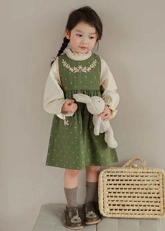 Cute Green Embroideried Ruffled Tops And Waistcoat Dress Cotton Girls Two Fall