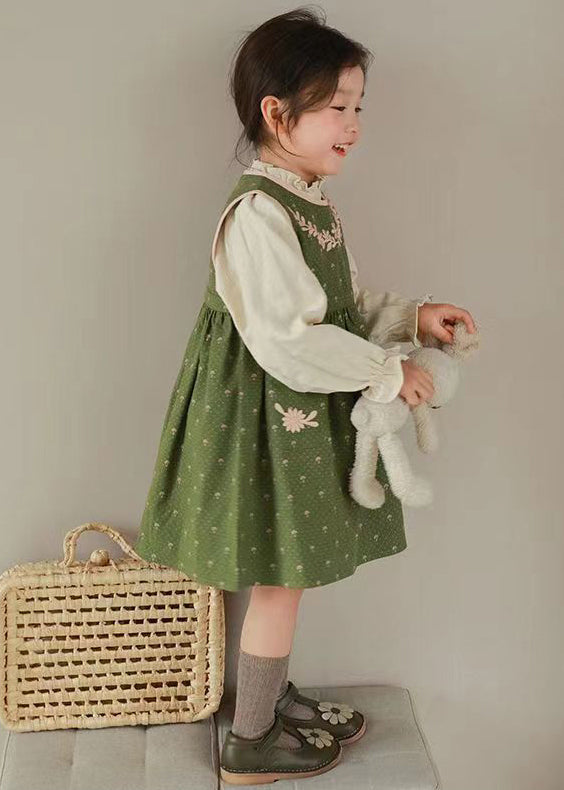 Cute Green Embroideried Ruffled Tops And Waistcoat Dress Cotton Girls Two Fall