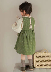 Cute Green Embroideried Ruffled Tops And Waistcoat Dress Cotton Girls Two Fall