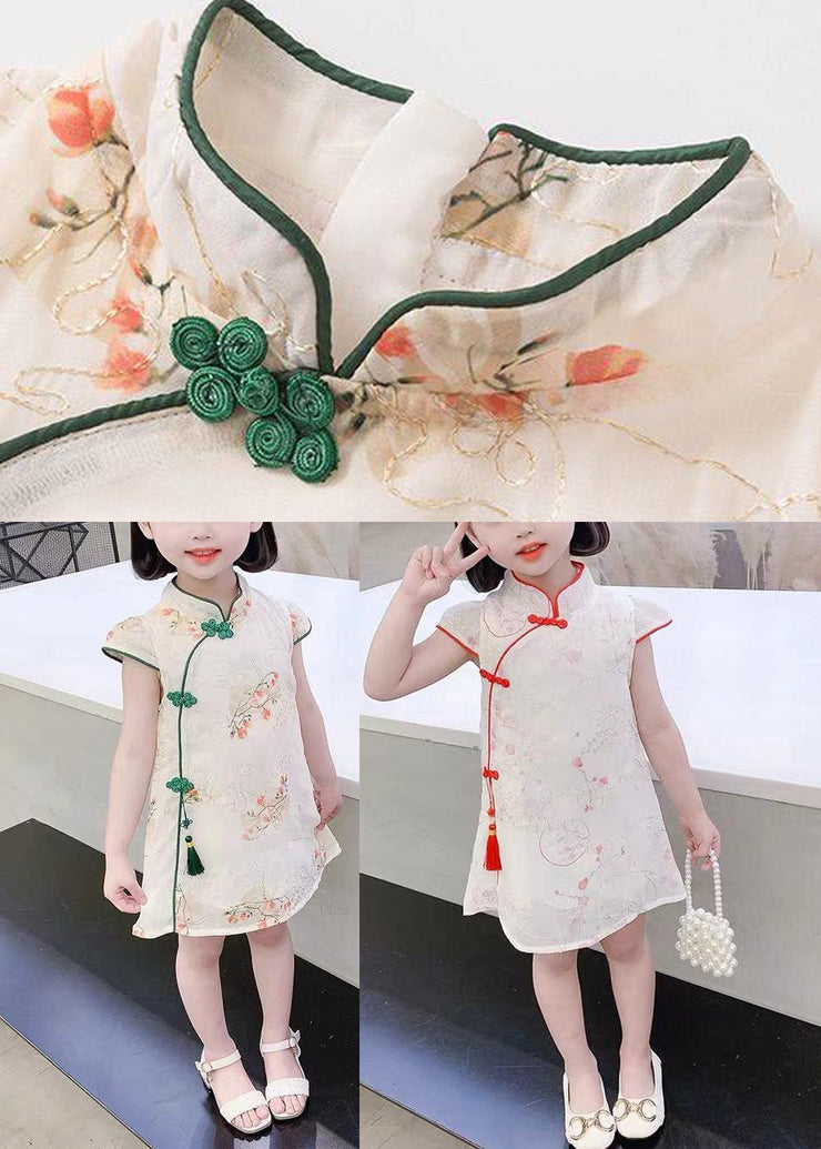 Cute Green Embroideried Tassel Silk Girls Mid Dress Short Sleeve