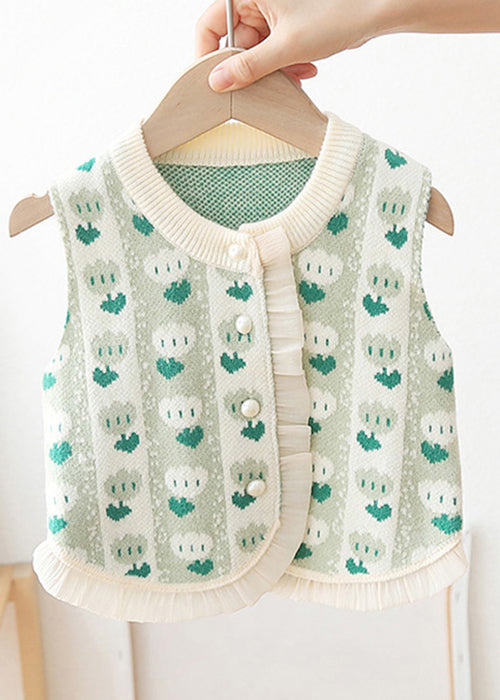 Cute Green O Neck Button Patchwork Kids Girls Waistcoat Sleeveless