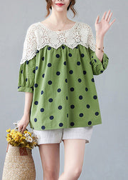 Cute Green O-Neck Dot Lace Patchwork Top Summer