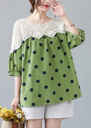 Cute Green O-Neck Dot Lace Patchwork Top Summer