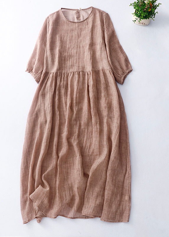 Cute Green O-Neck Patchwork Solid Linen Maxi Dress Short Sleeve