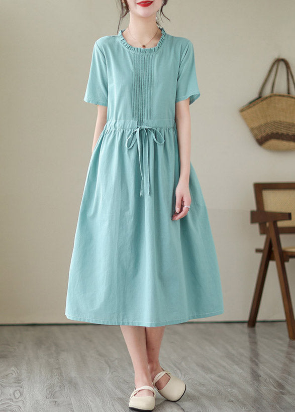 Cute Green O-Neck Patchwork Tie Waist Solid Linen Long Dresses Short Sleeve