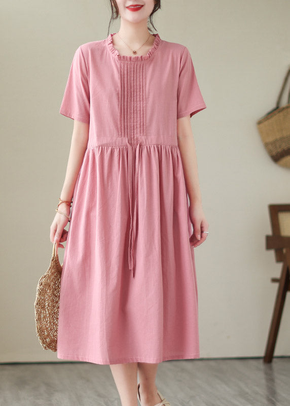 Cute Green O-Neck Patchwork Tie Waist Solid Linen Long Dresses Short Sleeve