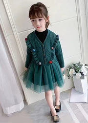 Cute Green O Neck Tulle Patchwork Knit Girls Two Pieces Set Fall