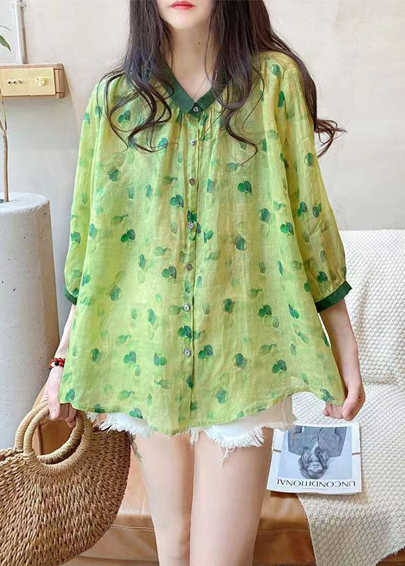 Cute Green Peter Pan Collar Print Linen Blouses Summer