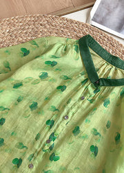 Cute Green Peter Pan Collar Print Linen Blouses Summer