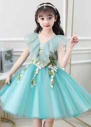 Cute Green Ruffled Embroideried Daisy Tulle Kids Girls Long Dresses Summer