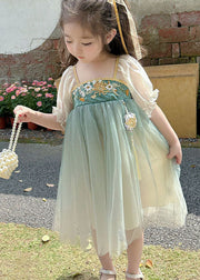 Cute Green Ruffled Embroideried Patchwork Chiffon Kids Girls Dresses Summer