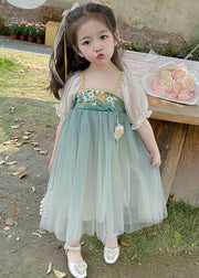 Cute Green Ruffled Embroideried Patchwork Chiffon Kids Girls Dresses Summer