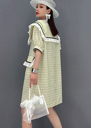 Cute Green Sailor Collar Patchwork Ruffled Cotton Maxi Dress Short Sleeve