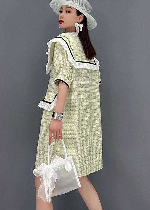 Cute Green Sailor Collar Patchwork Ruffled Cotton Maxi Dress Short Sleeve