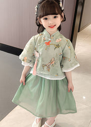 Cute Green Stand Collar Butterfly Patchwork Cotton Kids Girls Two Piece Set Summer