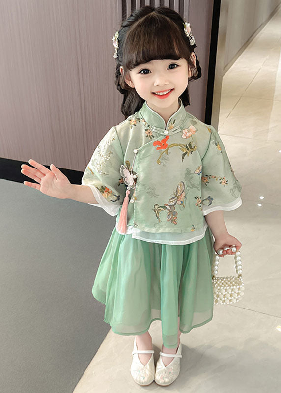 Cute Green Stand Collar Butterfly Patchwork Cotton Kids Girls Two Piece Set Summer