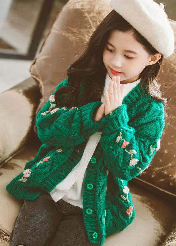 Cute Green V Neck Button Patchwork Knit Girls Cardigans Fall