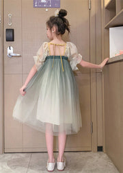 Cute Grey Green Square Collar Embroideried Patchwork Wrinkled Tassel Tulle Kids Girls Maxi Dresses Short Sleeve