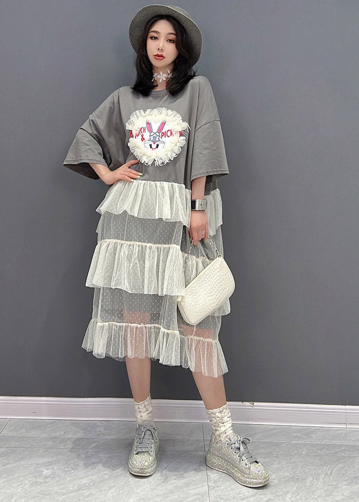 Cute Grey O-Neck Patchwork Tulle Dress Short Sleeve