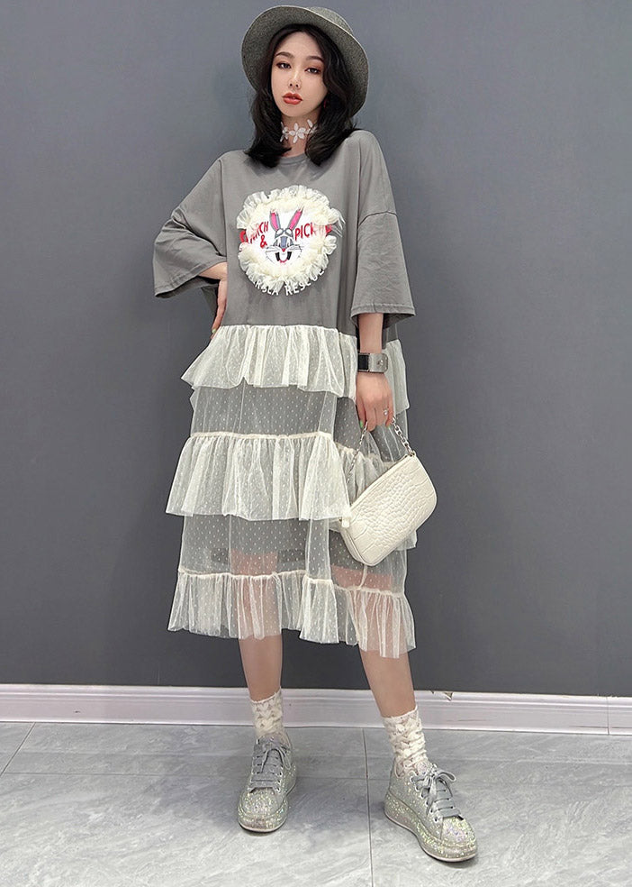 Cute Grey O-Neck Patchwork Tulle Dress Short Sleeve