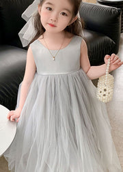 Cute Grey O Neck Wrinkled Patchwork Tulle Baby Girls Party Dress Sleeveless