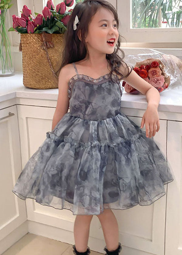 Cute Grey Ruffled Patchwork Tulle Baby Girls Dresses Sleeveless