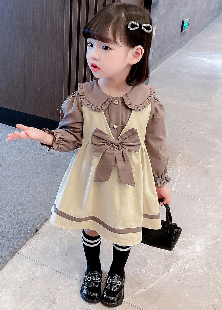 Cute Khaki Bow Shirt And Dress Cotton Girls Two Piece Set Fall