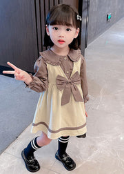Cute Khaki Bow Shirt And Dress Cotton Girls Two Piece Set Fall