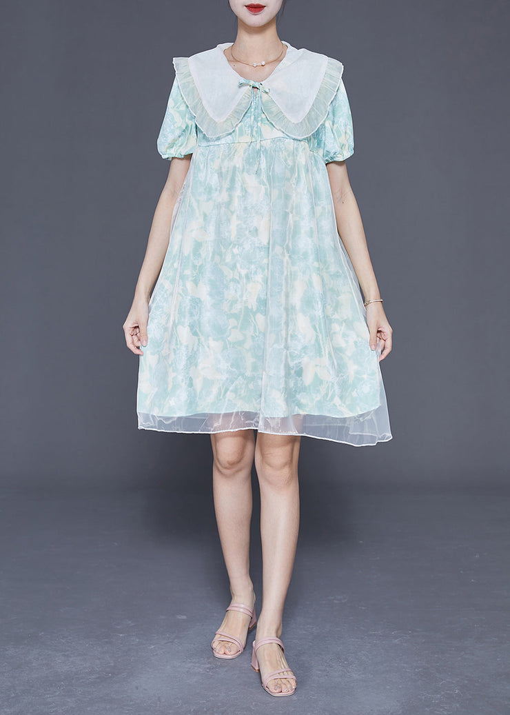 Cute Light Blue Bow Collar Print Tulle A Line Dress Summer