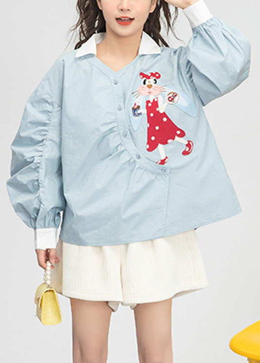 Cute Light Blue Embroideried Floral Button Cotton Shirts Spring