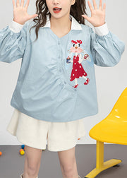 Cute Light Blue Embroideried Floral Button Cotton Shirts Spring