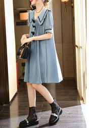 Cute Light Blue Peter Pan Collar Wrinkled Cotton Denim Dress Summer