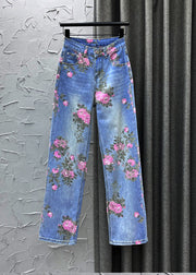 Cute Light Blue Print High Waist Straight Jeans Summer