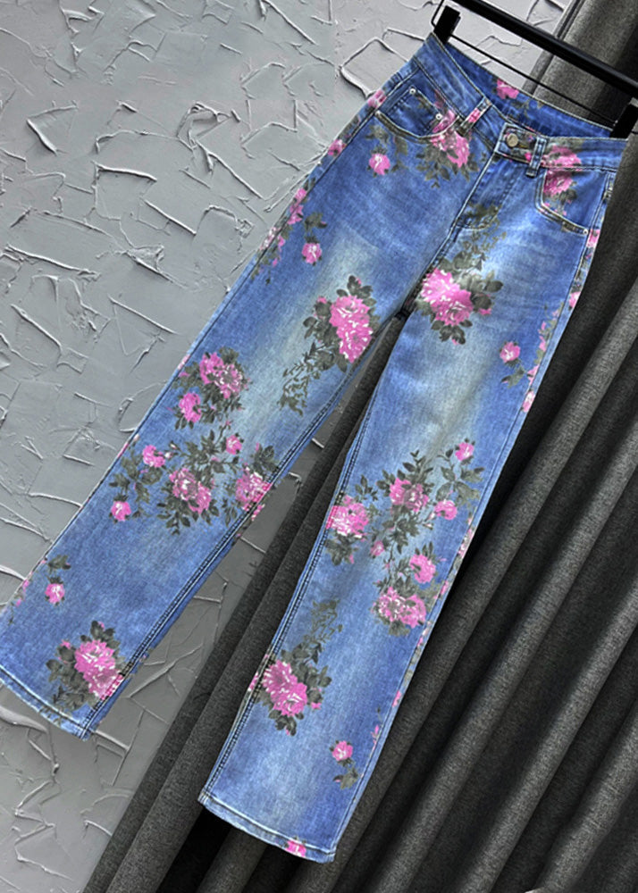 Cute Light Blue Print High Waist Straight Jeans Summer