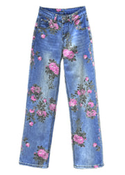 Cute Light Blue Print High Waist Straight Jeans Summer