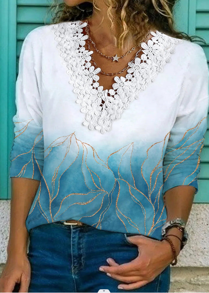 Cute Light Blue V Neck Lace Patchwork Print T Shirt Long Sleeve