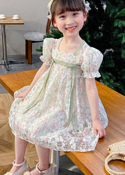 Cute Light Green Print Patchwork Tulle Kids Girls Dresses Summer